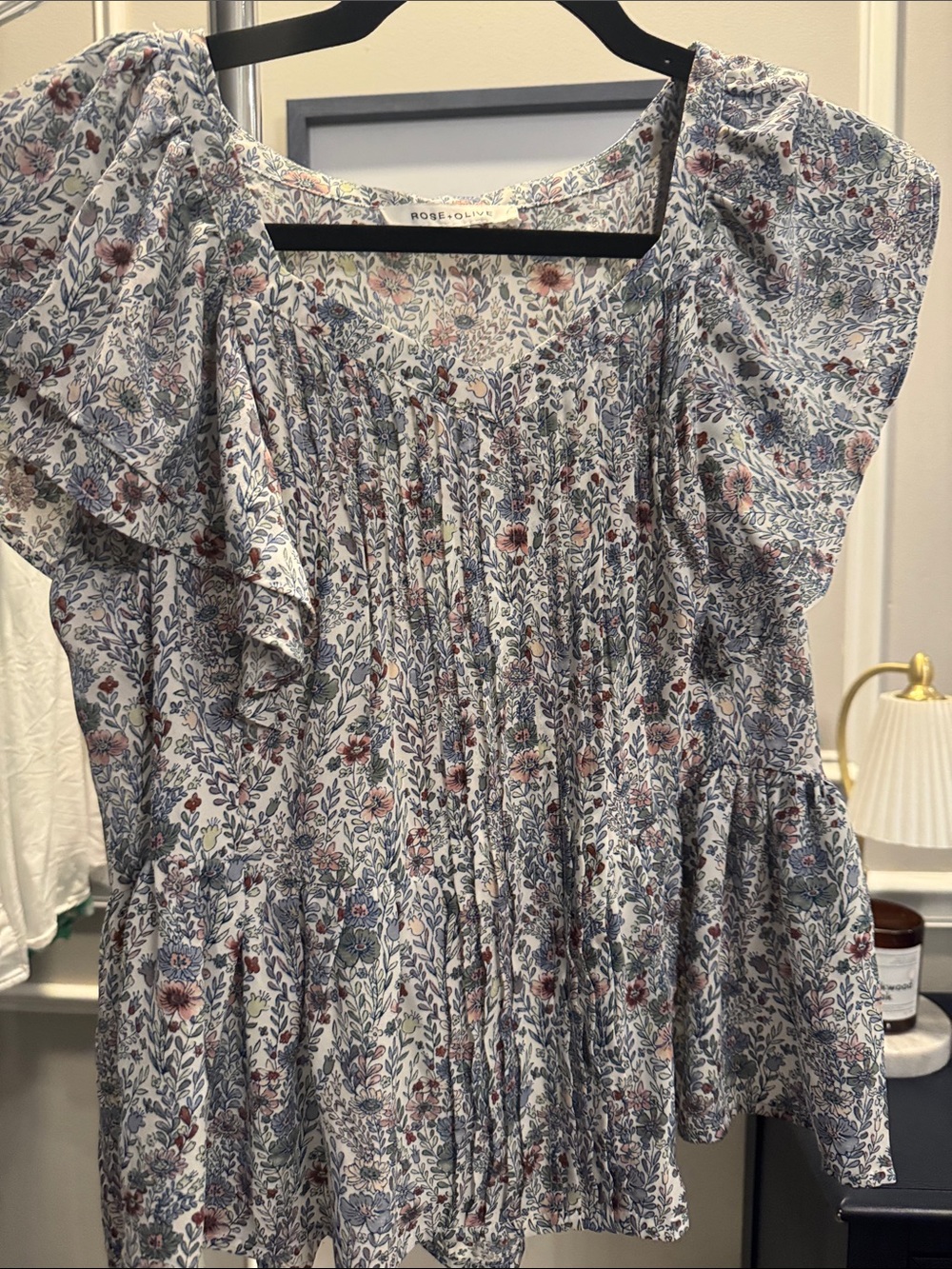 Rose & Olive Blue Floral Pintuck Ruffle Top
